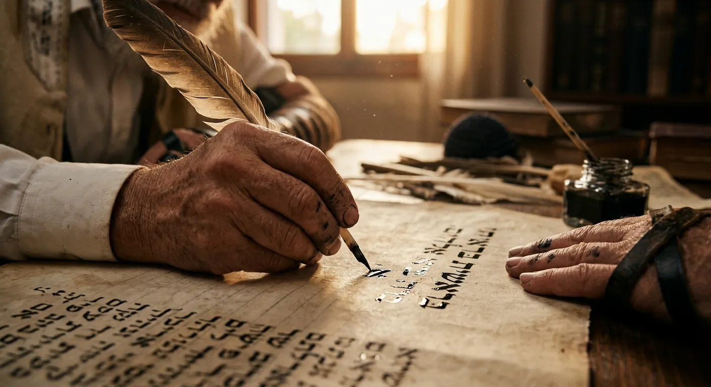 ידיו של סופר סת"ם עטור תפילין כותבות באותיות עבריות על קלף באמצעות קולמוס נוצה ודיו מסורתי
