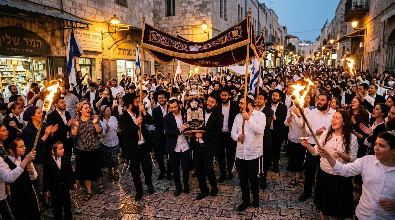 תהלוכת הכנסת ספר תורה חגיגית ברחובות ירושלים. המונים מלווים את ספר התורה תחת חופה מסורתית עם לפידים בוערים ודגלי ישראל.