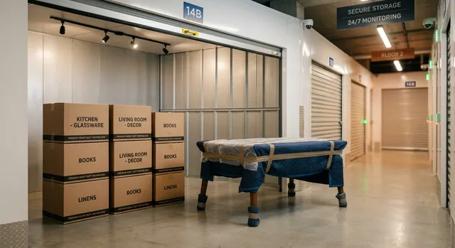 יחידת אחסון במתחם אחסנה מאובטח, עם ארגזי קרטון מסומנים לתכולת דירה ורהיט עטוף בשמיכות מגן לאחסון בטוח.